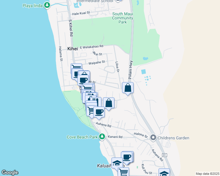 map of restaurants, bars, coffee shops, grocery stores, and more near 162 Kupuna Street in Kihei