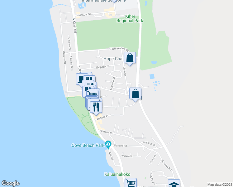 map of restaurants, bars, coffee shops, grocery stores, and more near 162 Kupuna Street in Kihei