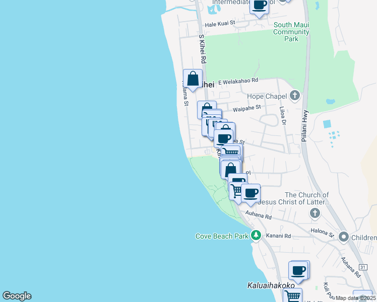 map of restaurants, bars, coffee shops, grocery stores, and more near 1808 Halama Street in Kihei