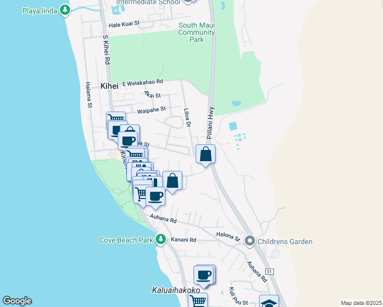 map of restaurants, bars, coffee shops, grocery stores, and more near 211 Mahina Street in Kihei