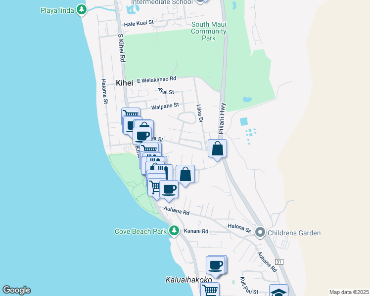 map of restaurants, bars, coffee shops, grocery stores, and more near 154 Kupuna Street in Kihei