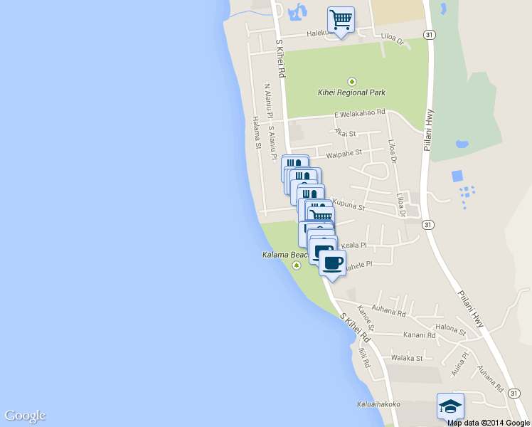 map of restaurants, bars, coffee shops, grocery stores, and more near 1807 Halama Street in Kihei