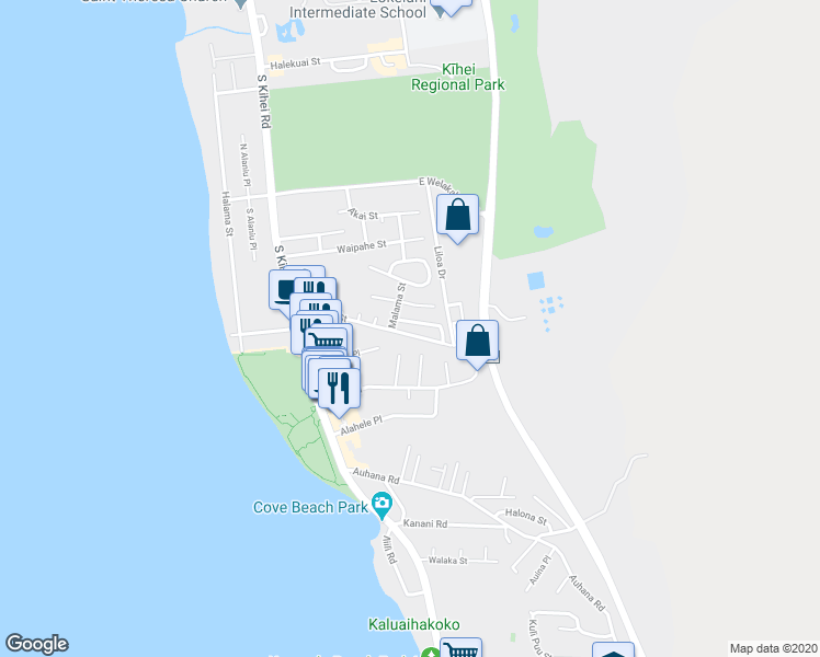 map of restaurants, bars, coffee shops, grocery stores, and more near 150 Mahina Street in Kihei