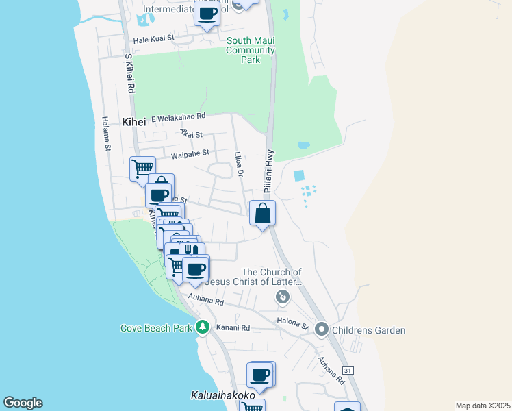 map of restaurants, bars, coffee shops, grocery stores, and more near 64 Ehiku Loop in Kihei