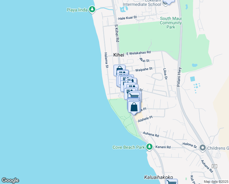 map of restaurants, bars, coffee shops, grocery stores, and more near 52 Waimahaihai Street in Kihei