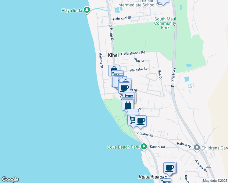 map of restaurants, bars, coffee shops, grocery stores, and more near 30 Waimahaihai Street in Kihei