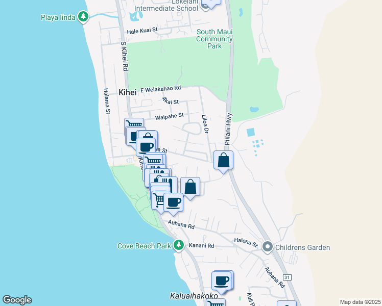 map of restaurants, bars, coffee shops, grocery stores, and more near 150 Mahina Street in Kihei