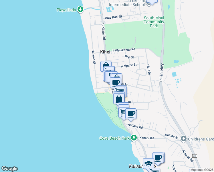 map of restaurants, bars, coffee shops, grocery stores, and more near 22 Waimahaihai Street in Kihei