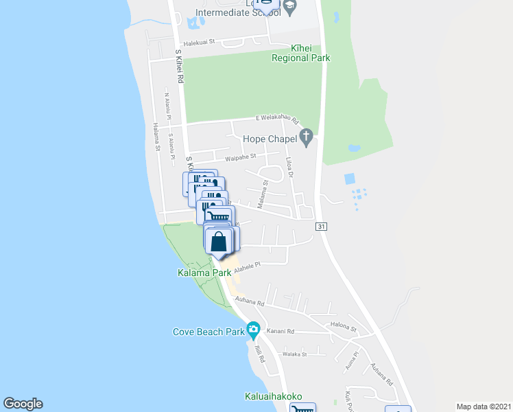 map of restaurants, bars, coffee shops, grocery stores, and more near 1824 Malama Street in Kihei