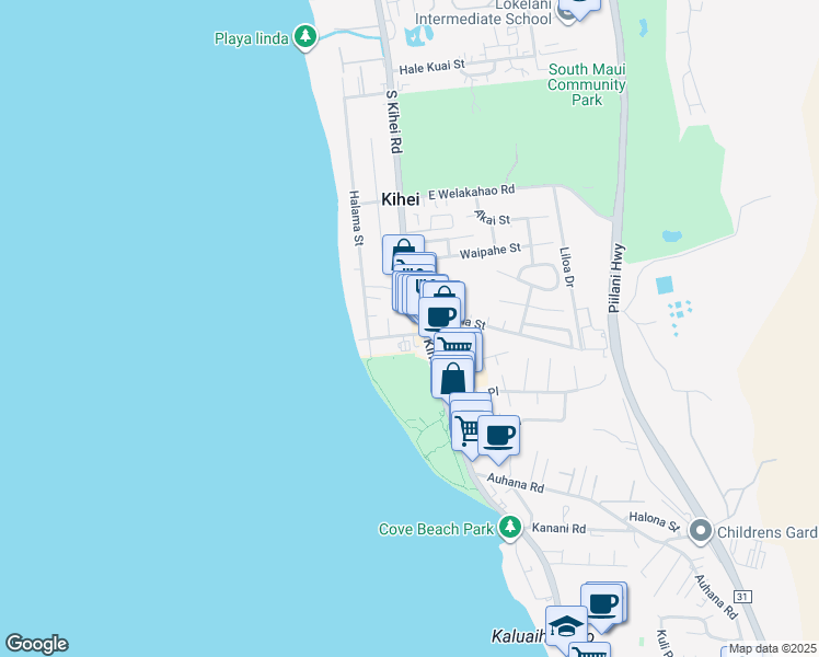 map of restaurants, bars, coffee shops, grocery stores, and more near 22 Waimahaihai Street in Kihei