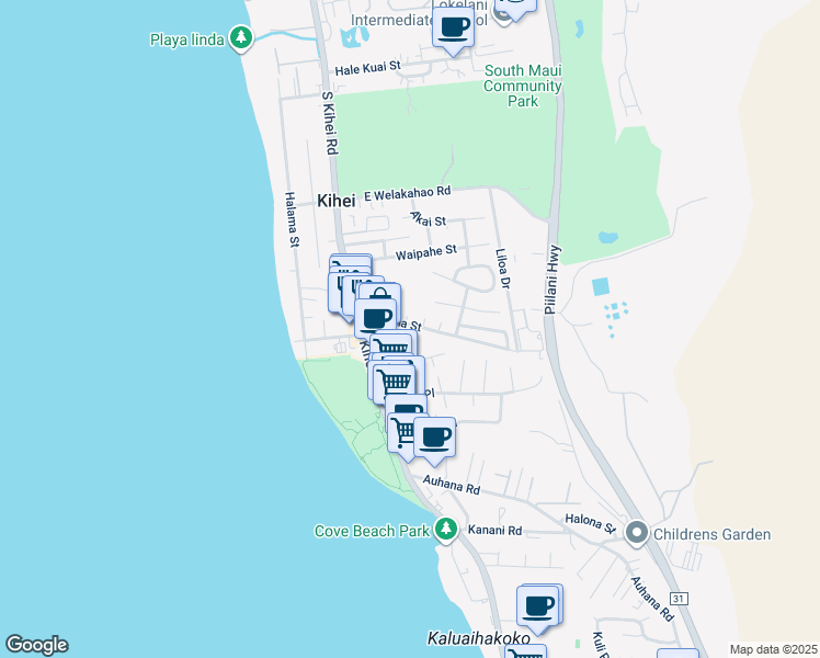 map of restaurants, bars, coffee shops, grocery stores, and more near 72 Kupuna Street in Kihei