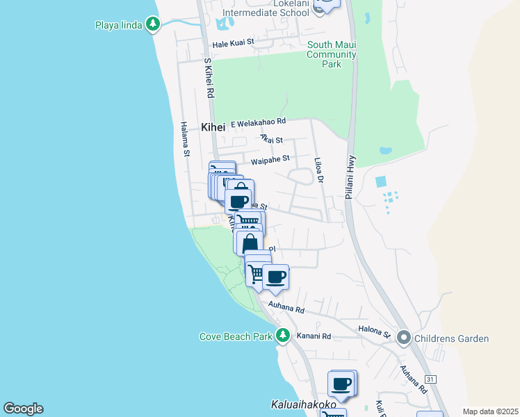 map of restaurants, bars, coffee shops, grocery stores, and more near 72 Kupuna Street in Kihei
