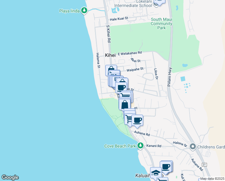 map of restaurants, bars, coffee shops, grocery stores, and more near 22 Waimahaihai Street in Kihei