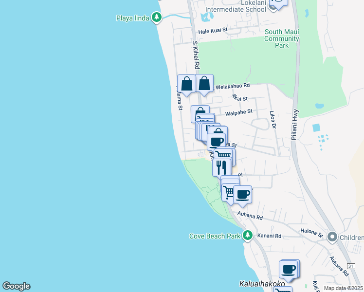 map of restaurants, bars, coffee shops, grocery stores, and more near 1786 Halama Street in Kihei