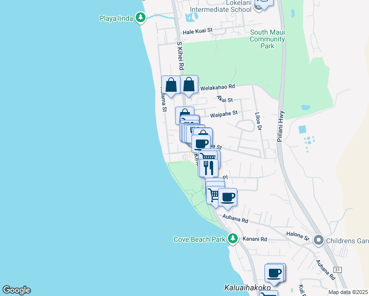 map of restaurants, bars, coffee shops, grocery stores, and more near 30 Waimahaihai Street in Kihei