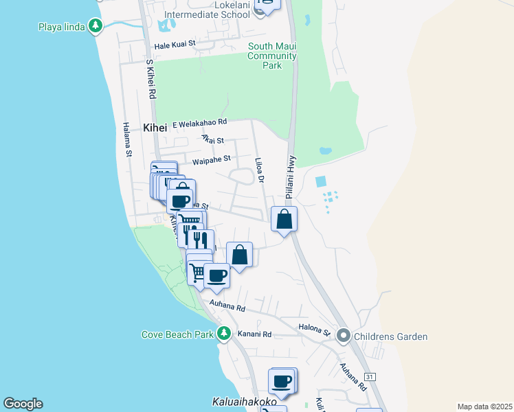 map of restaurants, bars, coffee shops, grocery stores, and more near 183 Mahina Street in Kihei