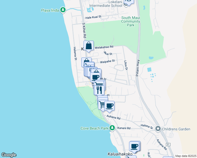map of restaurants, bars, coffee shops, grocery stores, and more near 42 Kupuna Street in Kihei