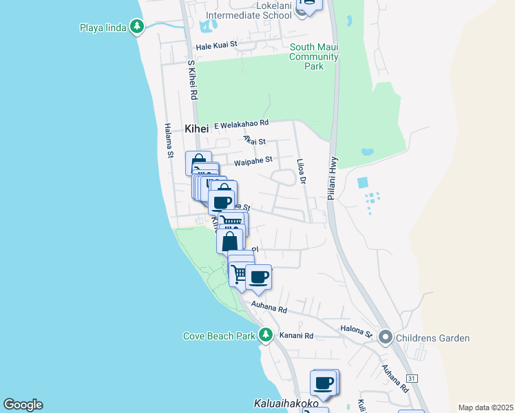 map of restaurants, bars, coffee shops, grocery stores, and more near 97 Kupuna Street in Kihei