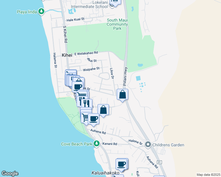 map of restaurants, bars, coffee shops, grocery stores, and more near 183 Mahina Street in Kihei