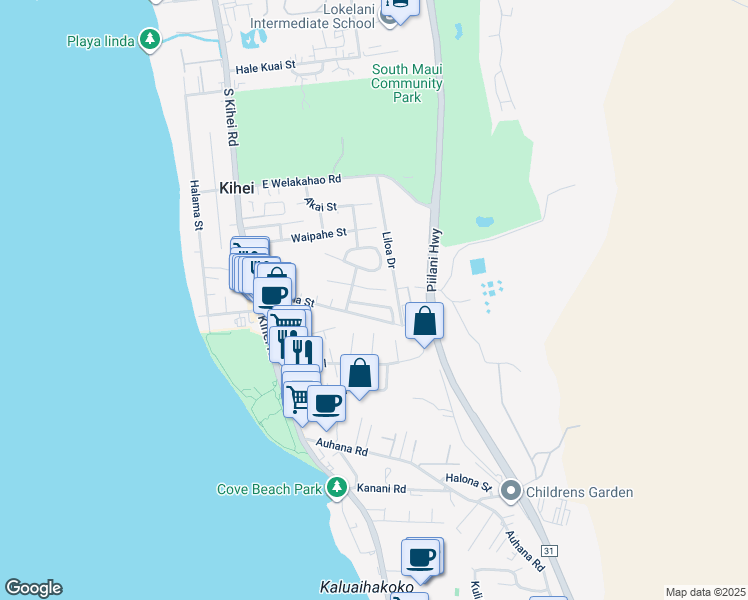 map of restaurants, bars, coffee shops, grocery stores, and more near 167 Mahina Street in Kihei