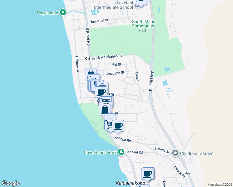 map of restaurants, bars, coffee shops, grocery stores, and more near 97 Kupuna Street in Kihei