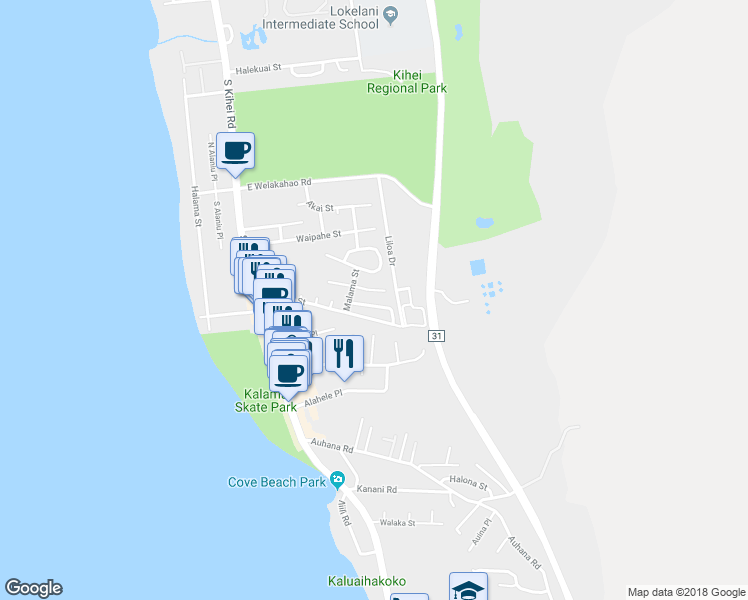 map of restaurants, bars, coffee shops, grocery stores, and more near 167 Mahina Street in Kihei