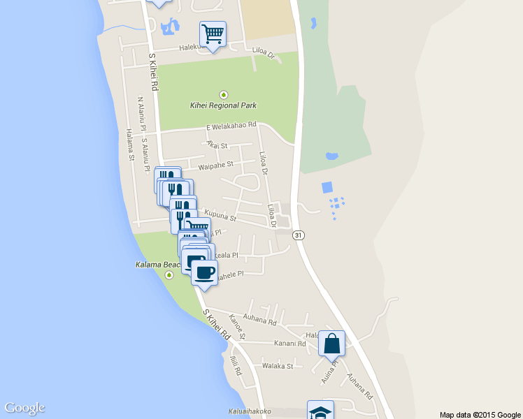 map of restaurants, bars, coffee shops, grocery stores, and more near 180 Hoano Place in Kihei
