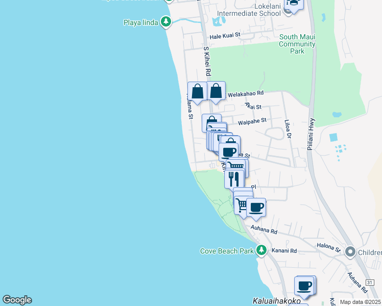 map of restaurants, bars, coffee shops, grocery stores, and more near 1772 Halama Street in Kihei
