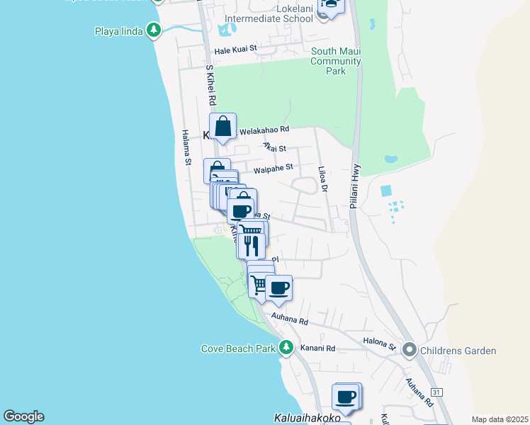 map of restaurants, bars, coffee shops, grocery stores, and more near 69 Kupuna Street in Kihei