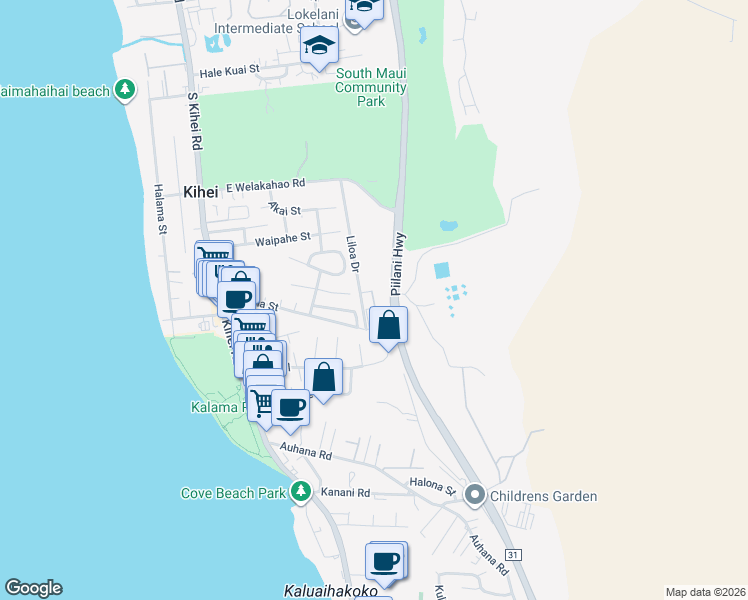 map of restaurants, bars, coffee shops, grocery stores, and more near 16 Ehiku Street in Kihei