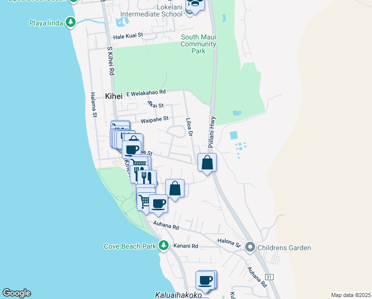 map of restaurants, bars, coffee shops, grocery stores, and more near 180 Hoano Place in Kihei