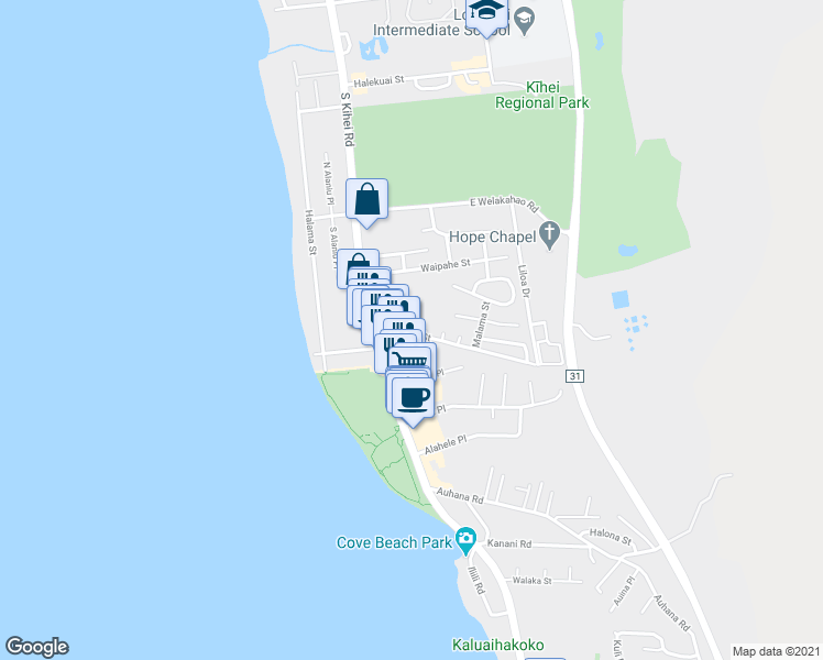 map of restaurants, bars, coffee shops, grocery stores, and more near 41 Kupuna Street in Kihei