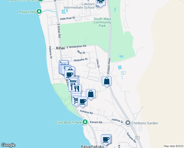 map of restaurants, bars, coffee shops, grocery stores, and more near 160 Hoano Place in Kihei