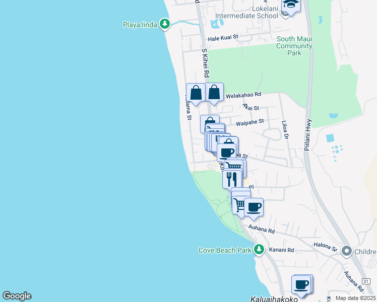 map of restaurants, bars, coffee shops, grocery stores, and more near 1764 Halama Street in Kihei