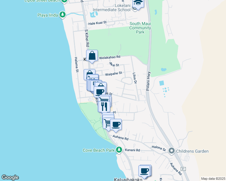 map of restaurants, bars, coffee shops, grocery stores, and more near 1794 Mokehana Place in Kihei