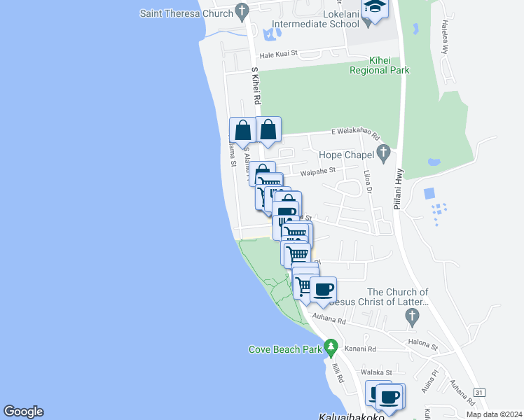map of restaurants, bars, coffee shops, grocery stores, and more near 1764 South Kihei Road in Kihei