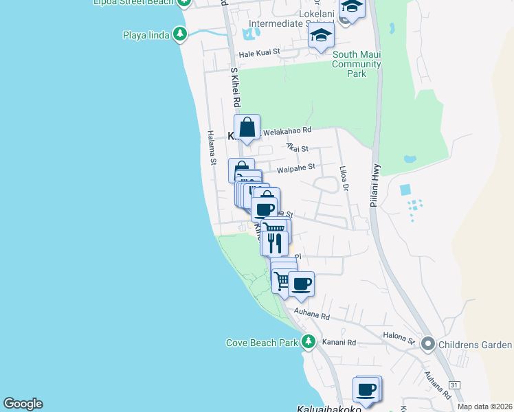 map of restaurants, bars, coffee shops, grocery stores, and more near 9 Kupuna Street in Kihei