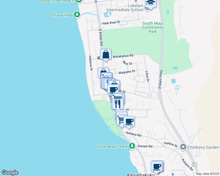 map of restaurants, bars, coffee shops, grocery stores, and more near 9 Kupuna Street in Kihei
