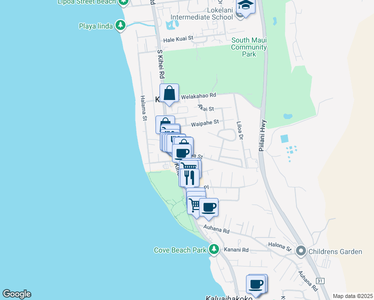 map of restaurants, bars, coffee shops, grocery stores, and more near 35 Kupuna Street in Kihei