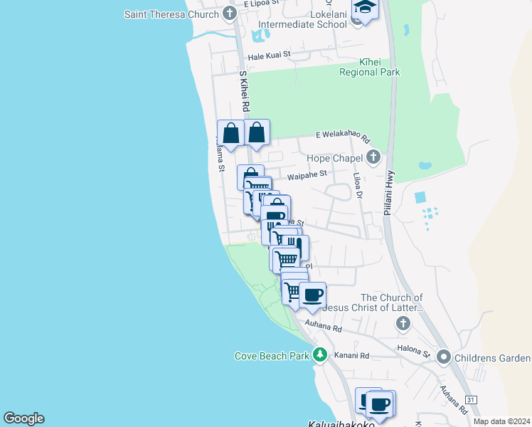 map of restaurants, bars, coffee shops, grocery stores, and more near 9 Kupuna Street in Kihei