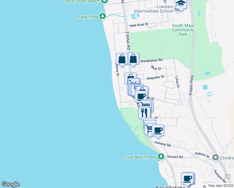 map of restaurants, bars, coffee shops, grocery stores, and more near 1756 Halama Street in Kihei