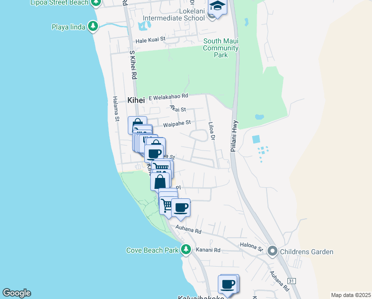 map of restaurants, bars, coffee shops, grocery stores, and more near 114 Miha Place in Kihei