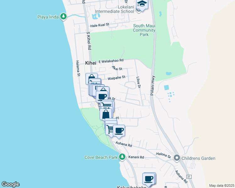 map of restaurants, bars, coffee shops, grocery stores, and more near 88 Miha Place in Kihei