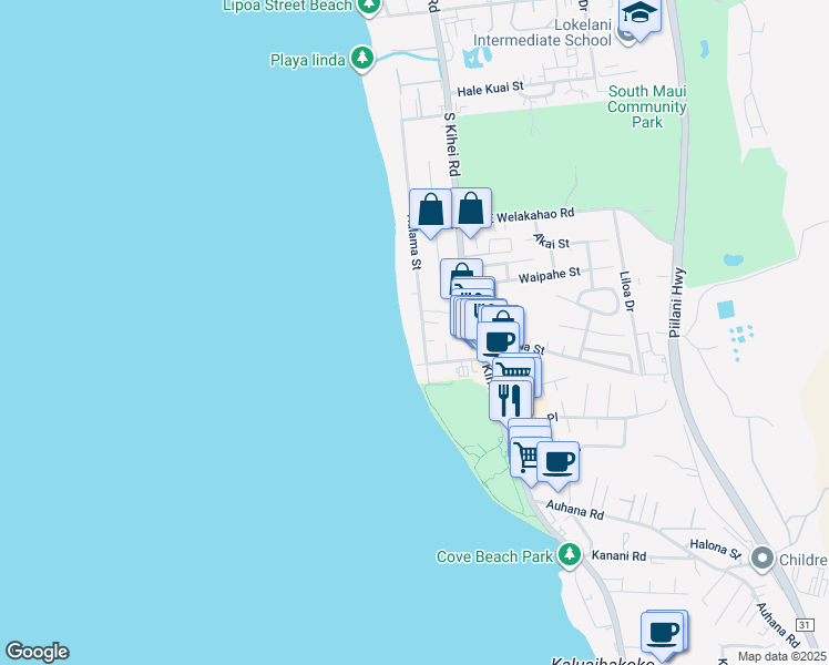 map of restaurants, bars, coffee shops, grocery stores, and more near 1756 Halama Street in Kihei