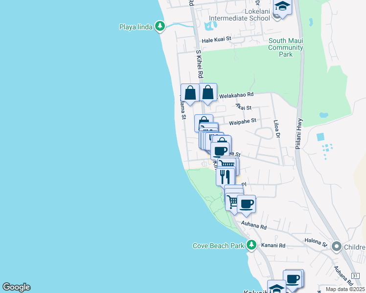 map of restaurants, bars, coffee shops, grocery stores, and more near 1750 Halama Street in Kihei