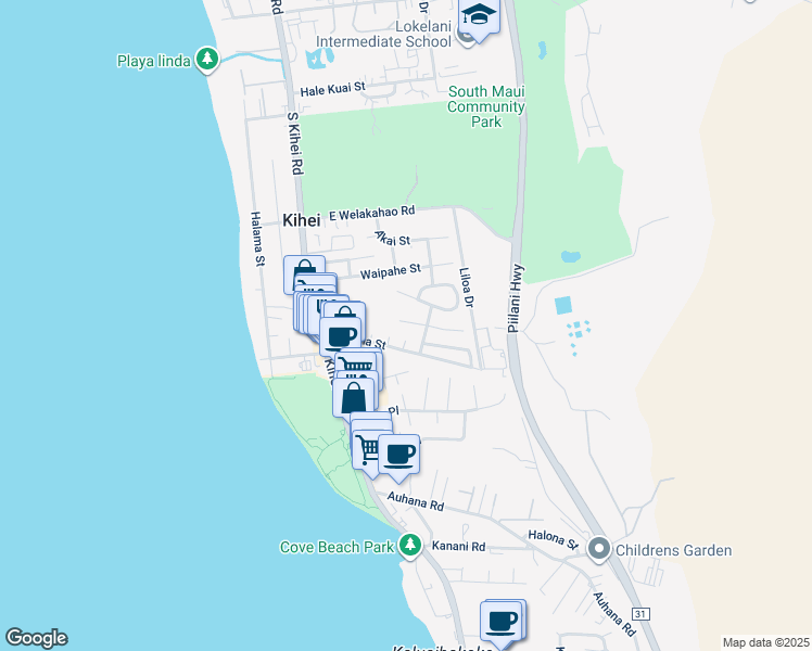 map of restaurants, bars, coffee shops, grocery stores, and more near 108 Miha Place in Kihei