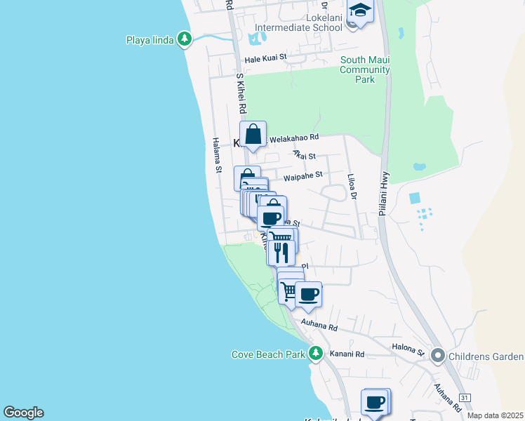 map of restaurants, bars, coffee shops, grocery stores, and more near 1765 South Kihei Road in Kihei
