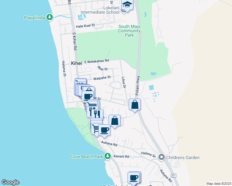 map of restaurants, bars, coffee shops, grocery stores, and more near 151 Hoano Place in Kihei