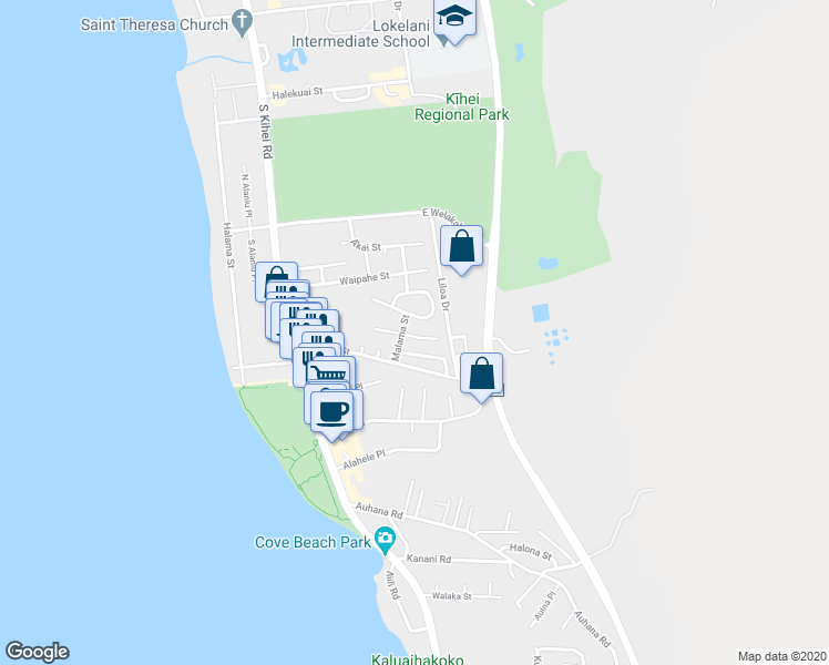 map of restaurants, bars, coffee shops, grocery stores, and more near 151 Hoano Place in Kihei