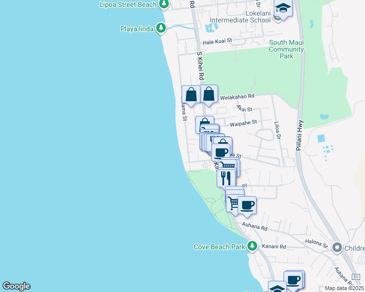 map of restaurants, bars, coffee shops, grocery stores, and more near 1750 Halama Street in Kihei
